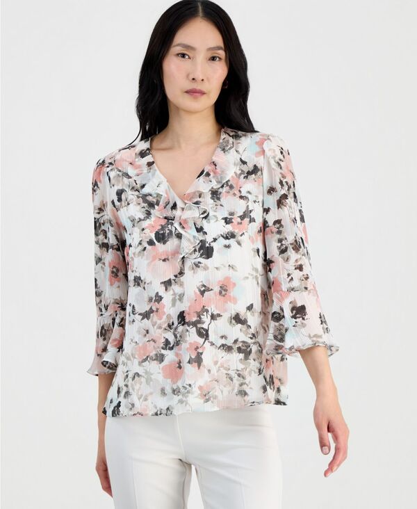 カスパール レディース トップス シャツ Vネック フリル ブラウス Kasper Womens RuffleFront VNeck Blouse Vanilla Ice Multi マルチカラー