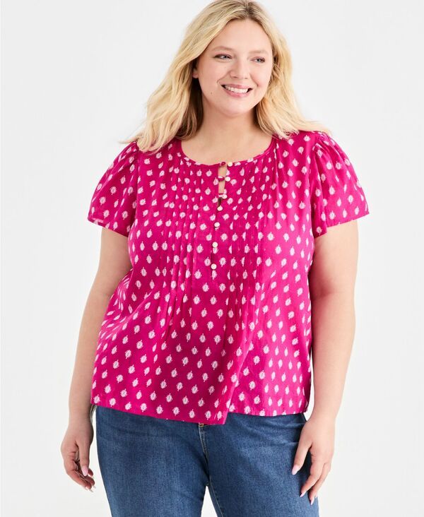 スタイルアンドコー レディース トップス シャツ プリント コットン Style Co Womens Printed Cotton Pintuck FlutterSleeve Top Wild Ber