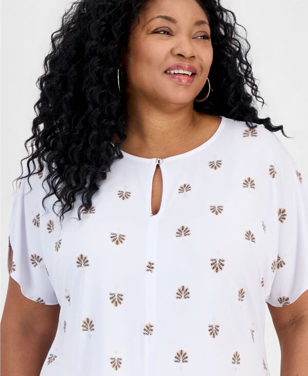 ジェイエムコレクション レディース トップス シャツ プリント ニット JM Collection Womenshort Dolman Sleeve Printed Keyhole Knitop Br