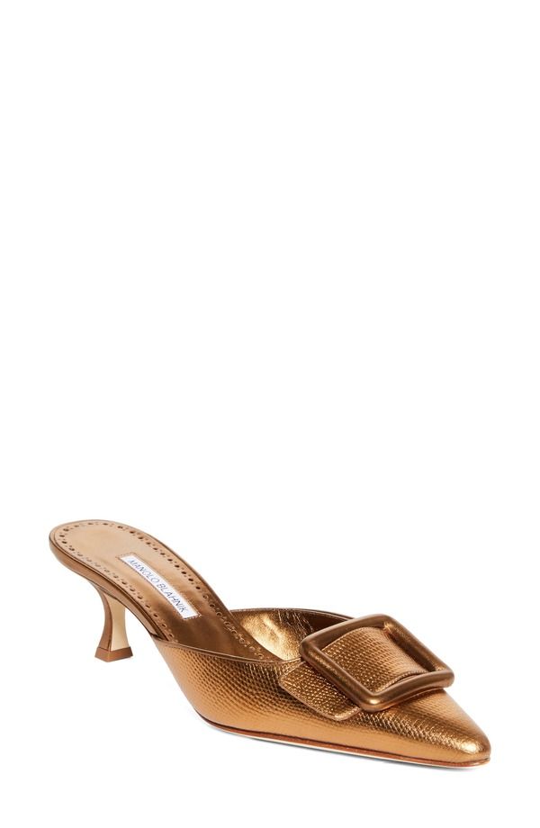 マノロ ブラニク レディース シューズ スニーカー トール ヒール Manolo Blahnik Maysale Buckle Lizard Embossed Metallic Pointed Toe