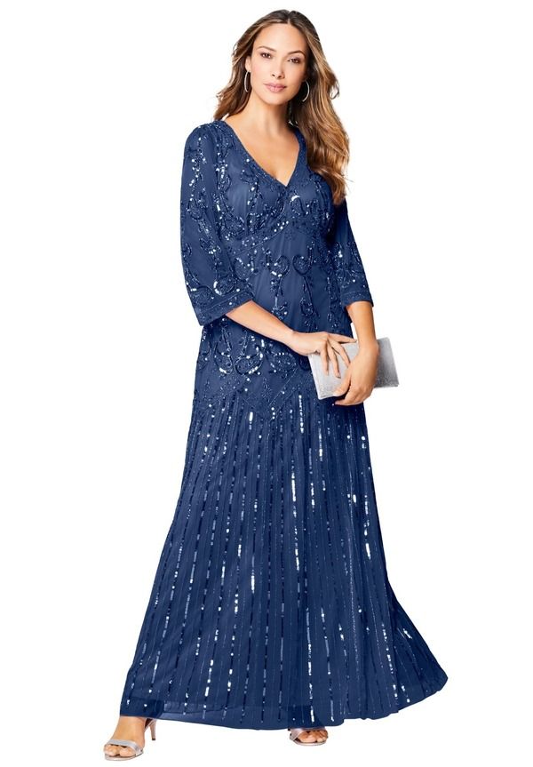 ロアマンズ レディース トップス ワンピース Vネック プラスサイズ マキシ Roamans Plusize Beaded VNeck 34 Sleeve Maxi Gown Plus Regular