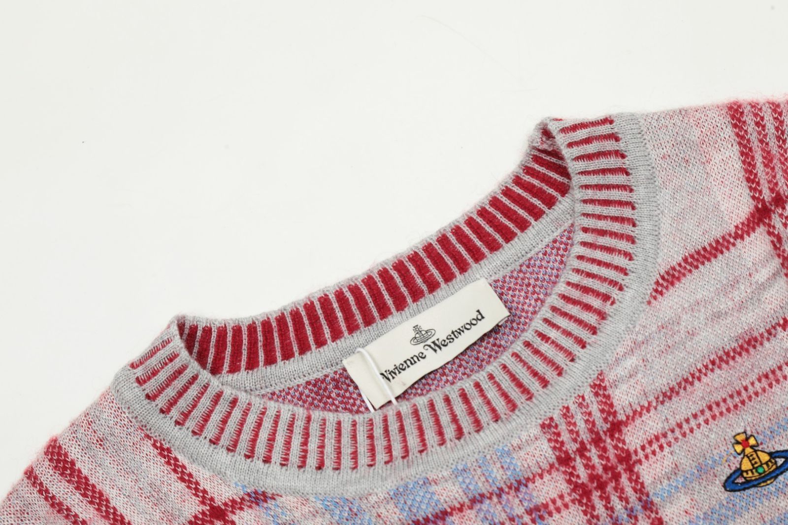 【本日限定特価】Vivienne Westwood レディース ニットセーター 土星ロゴ ハート? チェック編み ウール混紡 S-L [本日特価|新品未使用品]