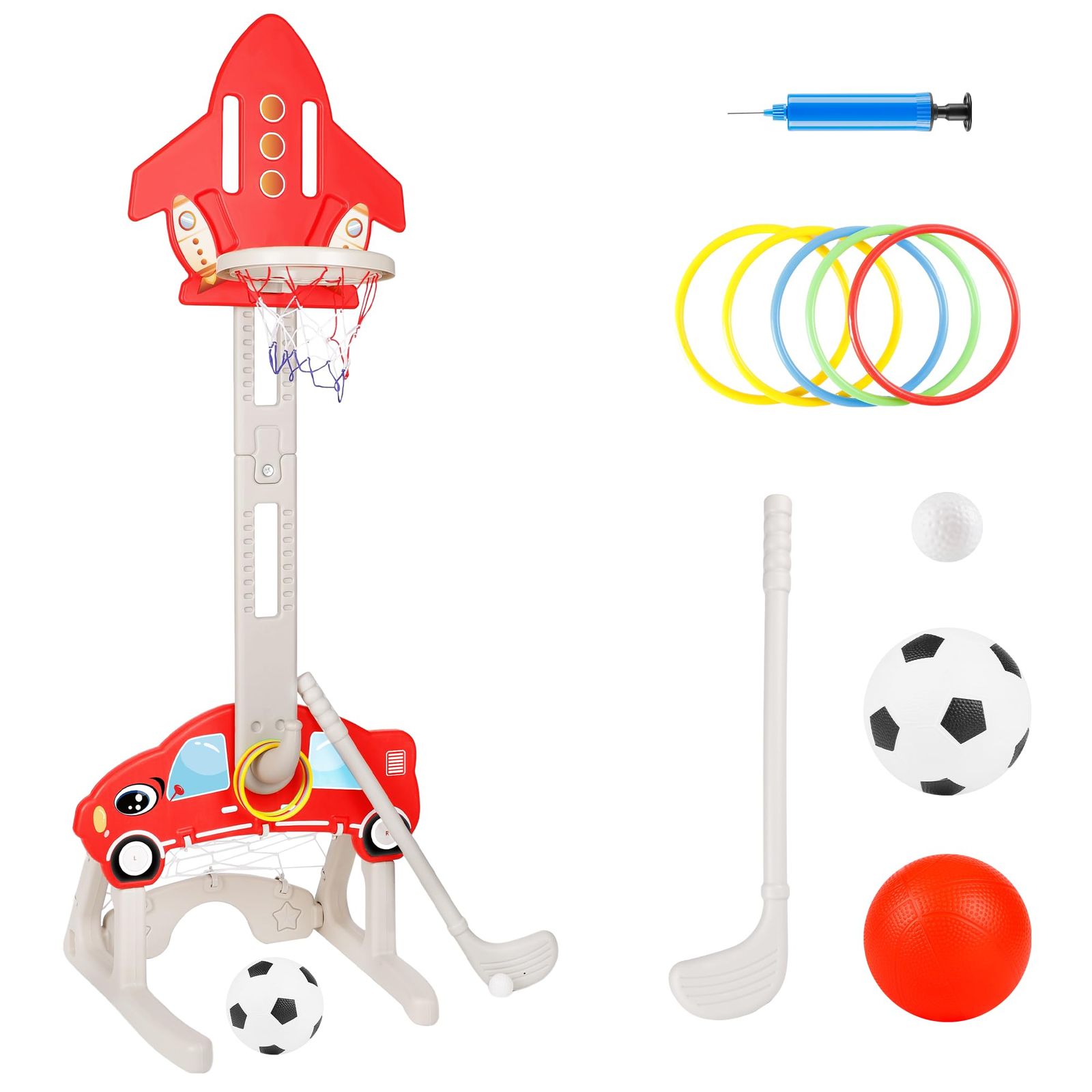 新品 バスケットゴール 室内 バスケット ゴール 子供用 4in1(バスケットボール/サッカー/ゴルフ/輪投げ) バスケゴール 高さ調節可能 ミニ 屋外 室内遊び プレゼント 早期教育 知覚トレーニング ストレス解消