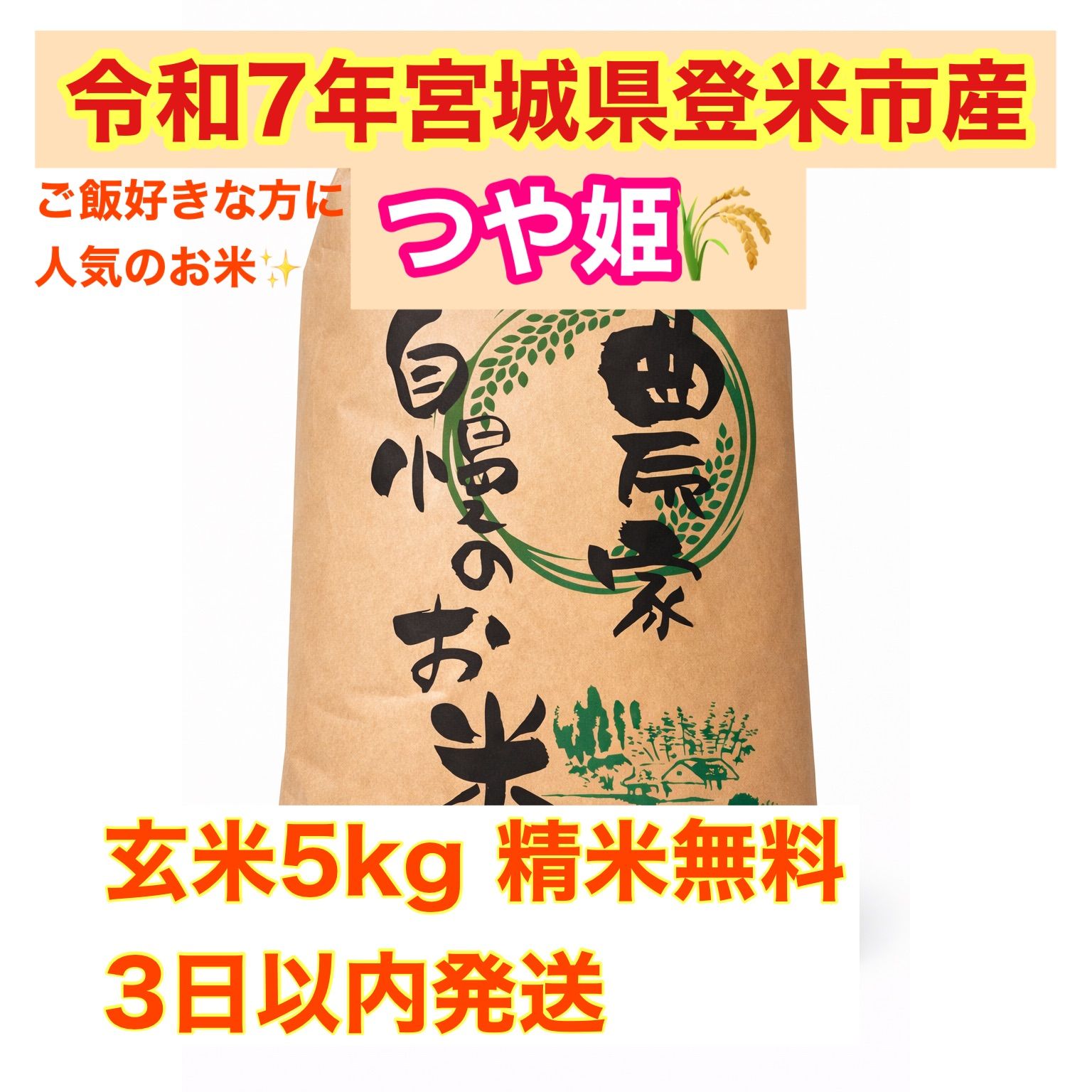 令和7年宮城県登米市産つや姫 玄米5kg精米無料 農家直送 色彩選別完備