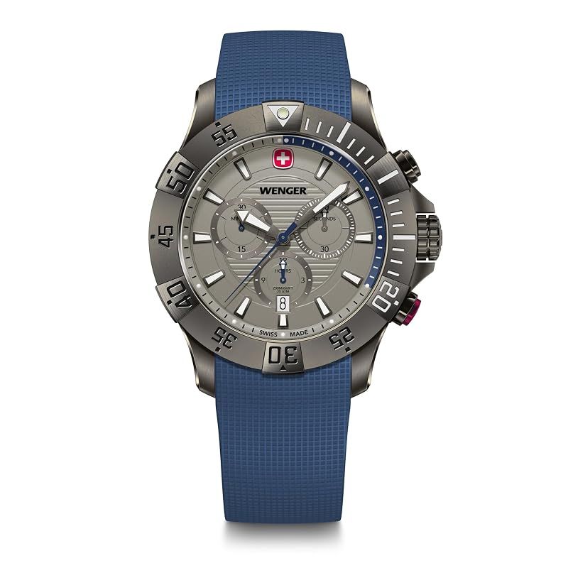 WENGER(ウェンガー) 腕時計 SEAFORCE CHRONO (シーフォース クロノ) クォーツ アナログ メンズ ステンレススチールケース(316L) ブラックアイスダイヤル ブルーシリコンストラップ 200m防水 3年保証 ギフト グレー [国内正規 64,501円