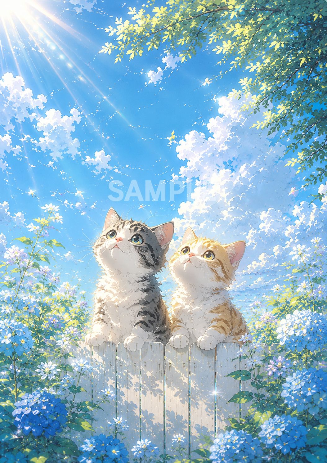 657 夏空と子猫たち 癒しのアートポスター 2Lサイズ 高画質 インテリア
