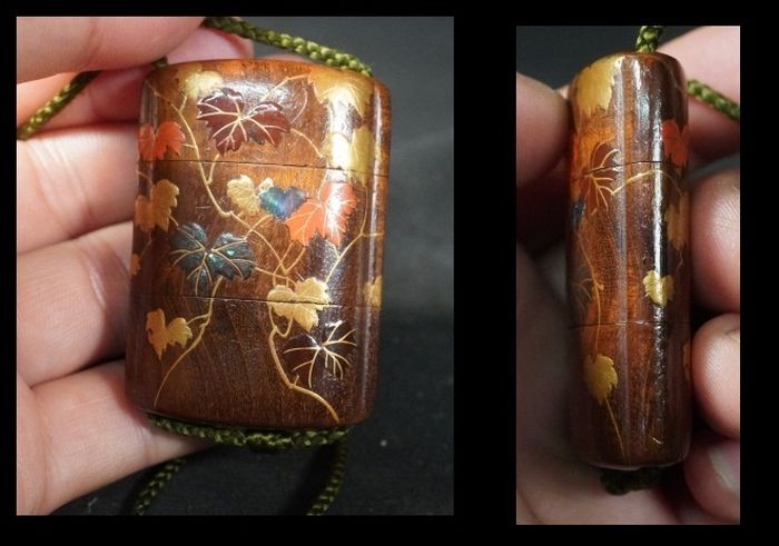 姫印籠 珊瑚 饅頭根付 和装小物 提げ物 蒔絵 木製 古美術 明治工芸 在