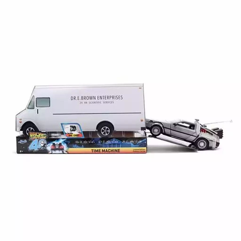 【中古】ミニカー 1/24 タイムマシーン (デロリアン/点灯ギミック) 40周年記念/ブラウン博士トラックパッケージ (限定) 「バック・トゥ・ザ・フューチャー」 HOLLYWOOD RIDESシリーズ [JADA36849]