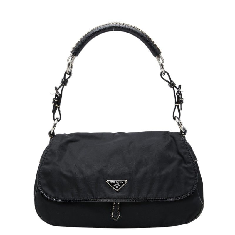 プラダ 三角ロゴプレート ワンショルダーバッグ ブラック ナイロン レザー レディース PRADA【228-80698】