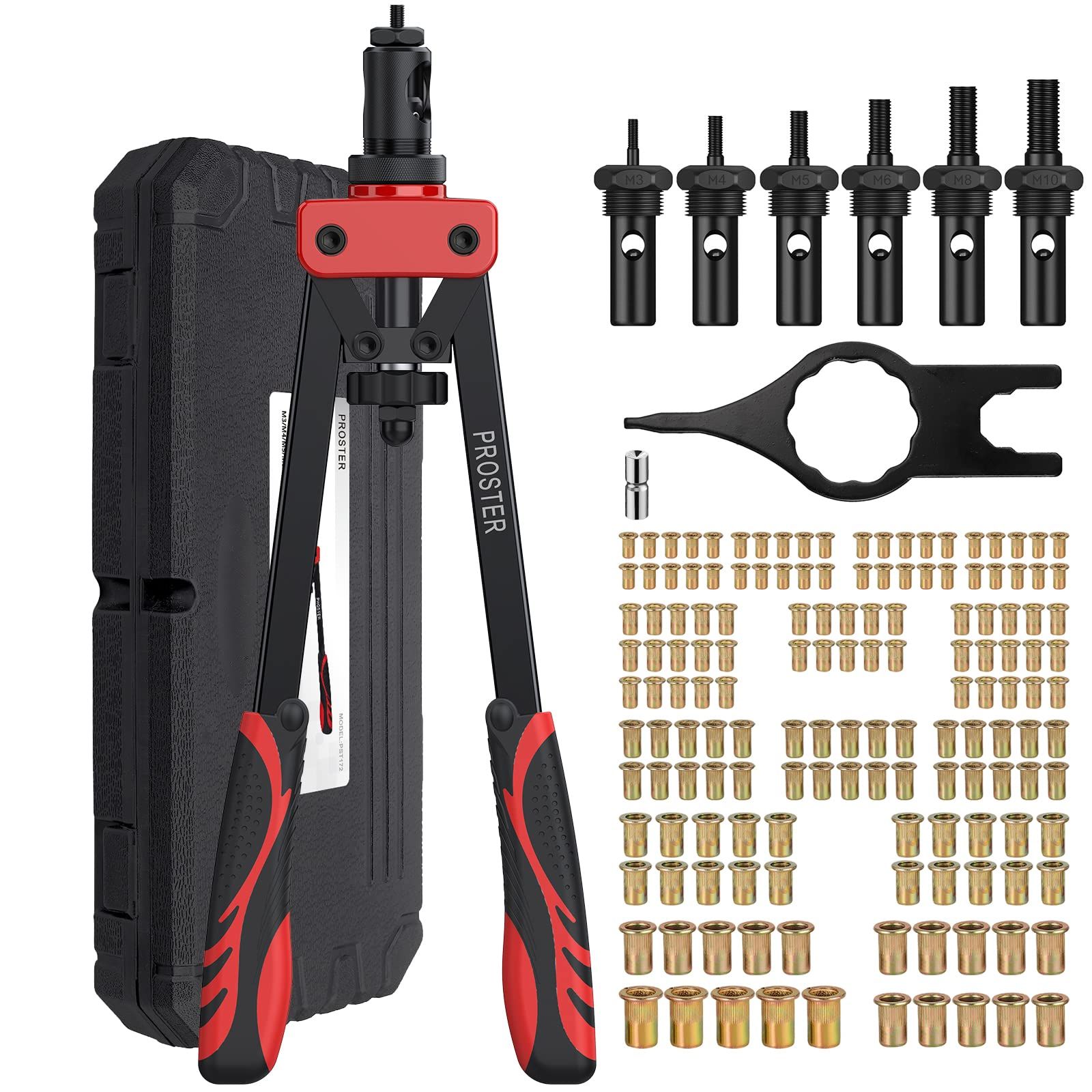 N★Proster ハンドリベッターセット 両手式 M3/M4/M5/M6/M8/M10などに対応 150pcsリベットナット付属 リベットナッター セット (赤) 253862fa