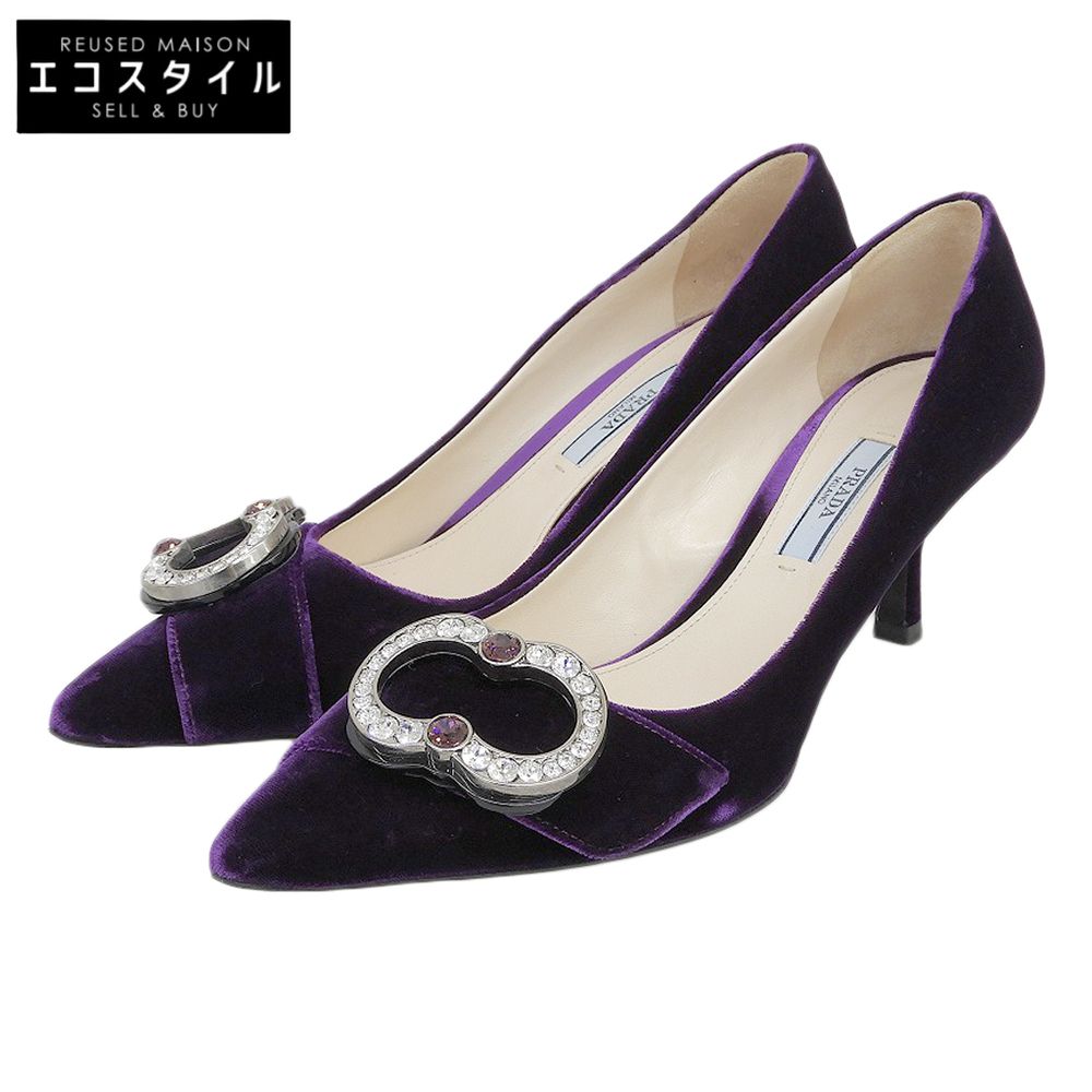 PRADA　プラダ　美品 ベルベット クリスタルビジュー バックル ミュール パンプス レディース パープル 37　37