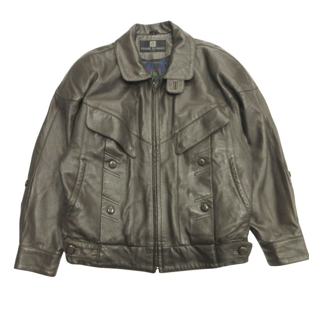 美品 PIERRE BALMAIN ピエール・バルマン ラムレザー ジャケット ブルゾン 羊革 旧タグ ヴィンテージ L 茶 ブラウン レディース 古着 中古 USED