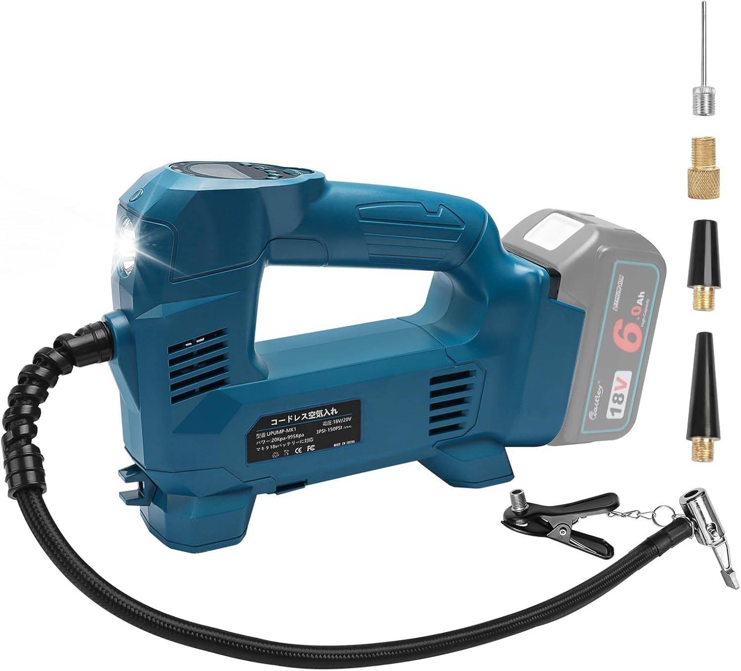 ★新品★Waitley 電動空気入れ マキタ 18V 充電式空気入れ コードレス エアコンプレッサー 快速充填 LED照明ライト付き LCDデジタル表示 四つノズル付き 自動車 自転車 バイク ボール ノズル収納スペース マキタ 18V バッ 45a2be12