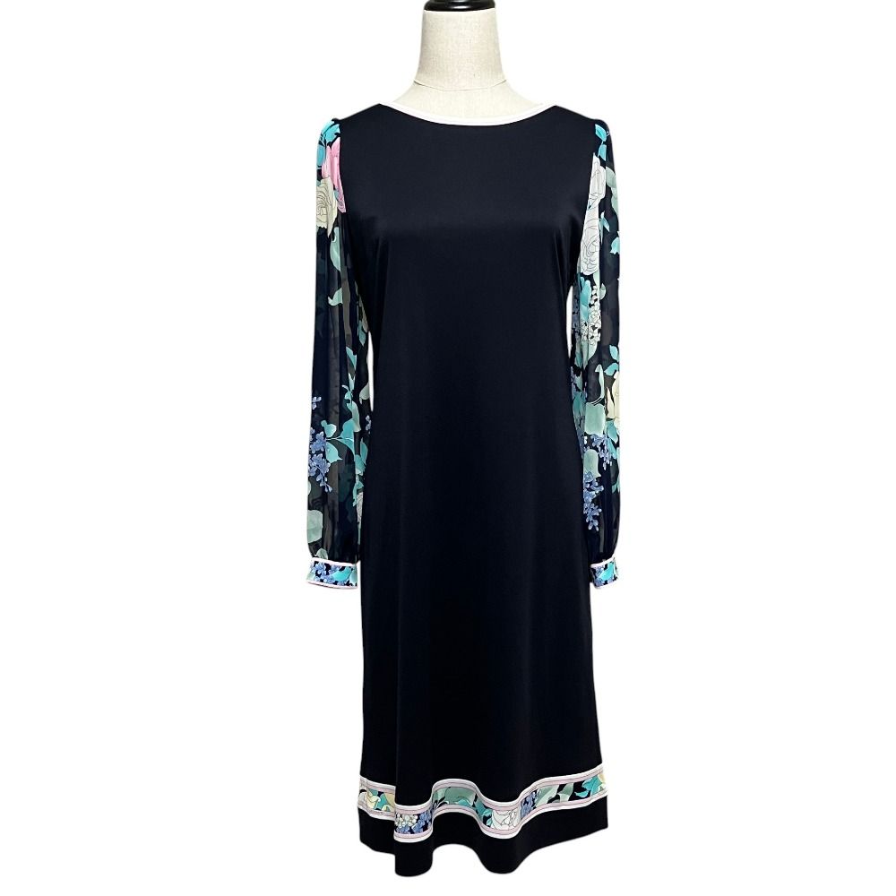 美品 LEONARD FASHION レオナールファッション フラワープリント カンカンストレッチ シアースリーブ ワンピース 38 ネイビー レディース 古着 中古 USED