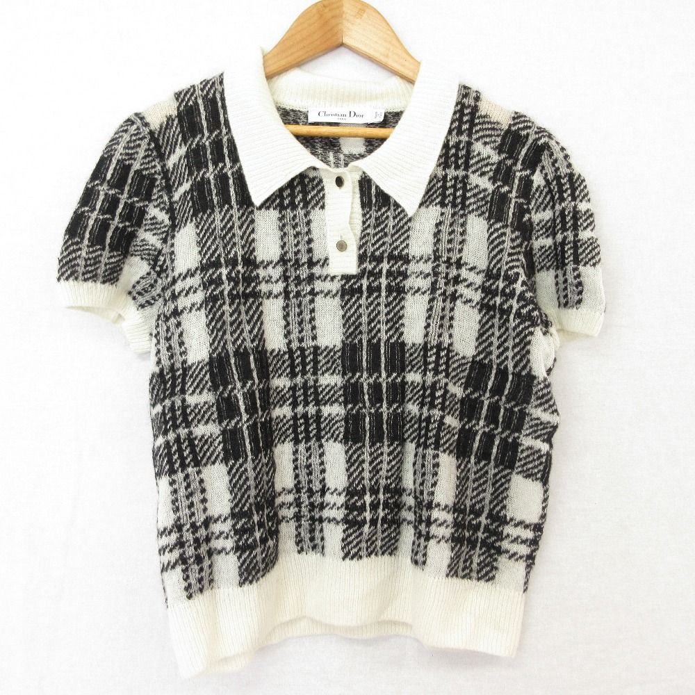 美品 Christian Dior クリスチャンディオール チェック柄 モヘヤニット ポロシャツ セーター 244S33AM140 サイズ46 ホワイト ブラック レディース 古着 中古 USED