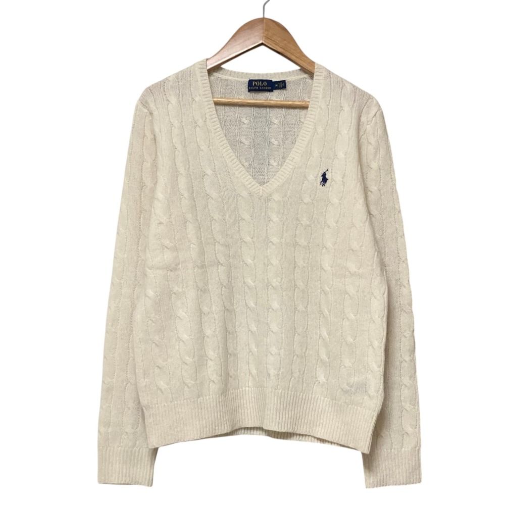美品 POLO RALPH LAUREN ポロラルフローレン カシミヤブレンド Vネック ケーブルニット セーター M ホワイト レディース 古着 中古 USED