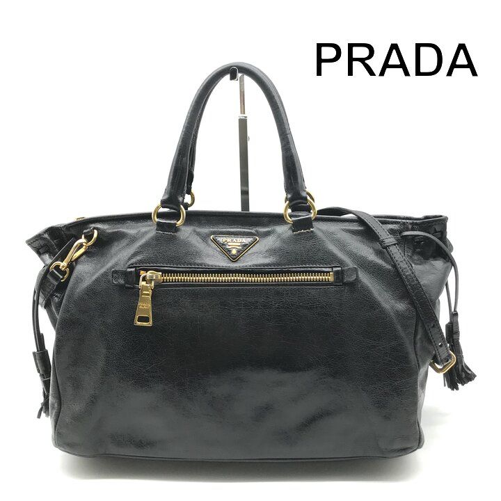 良品 PRADA プラダ 三角ロゴ レザー ハンド ショルダー 2way バッグ レディース ファッション 鞄 かばん ブラック a13614