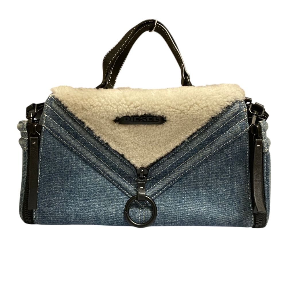 美品 DIESEL ディーゼル LE-ZIPPER ボア デニム 2WAY ハンドバッグ ショルダーバッグ ブルー ホワイト レディース 古着 中古 USED