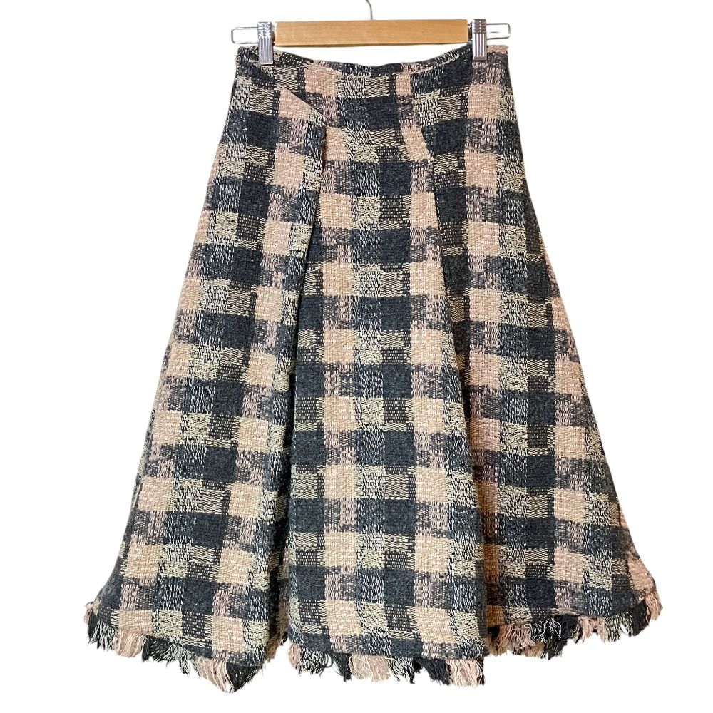 美品 SEVEN TEN by MIHO KAWAHITO セブンテンバイミホカワヒト チェック フリンジ ツイードスカート 6A307 サイズS ピンク グレー レディース 古着 中古 USED