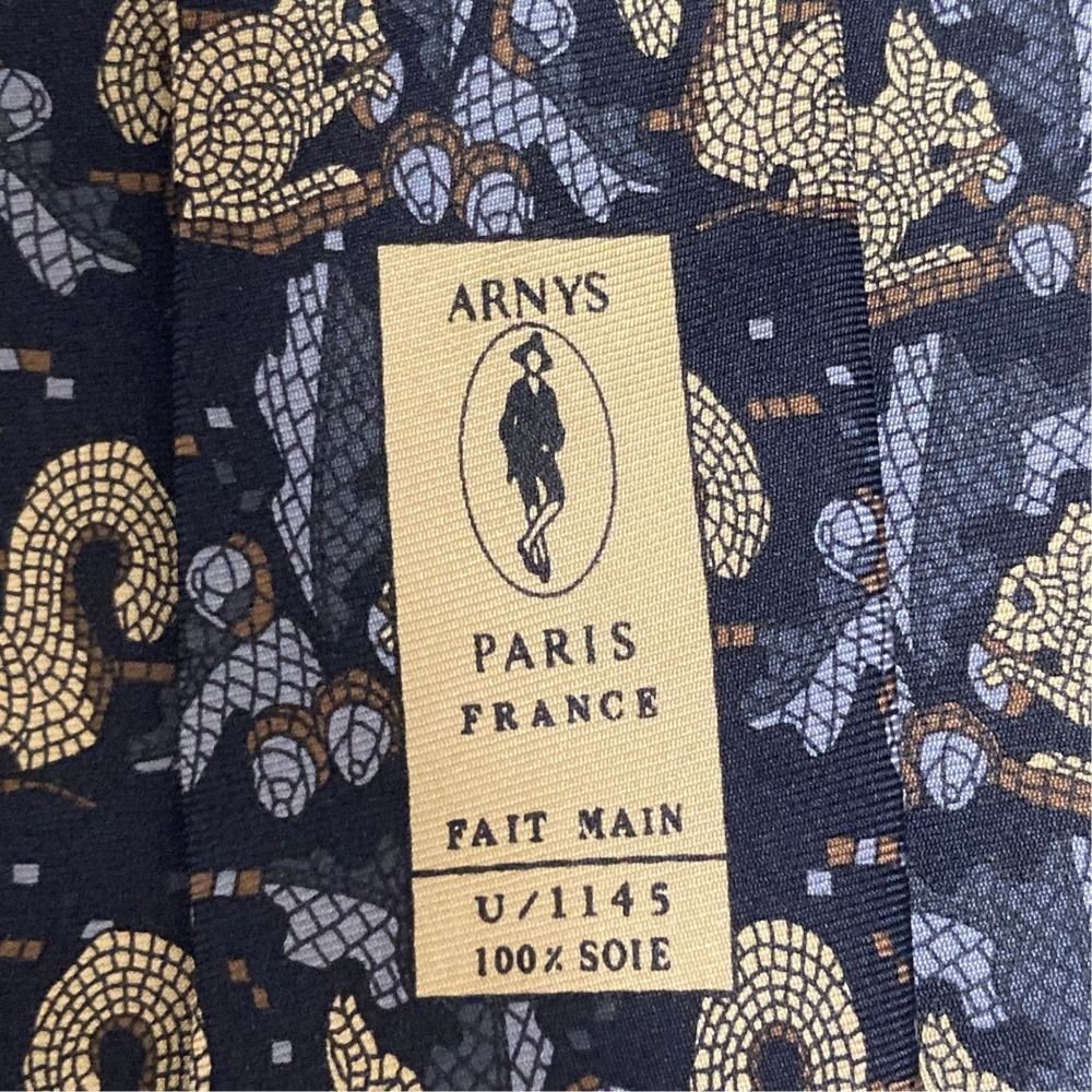 美品 ARNYS アルニス モザイク柄 リス シルク ネクタイ ネイビー系
