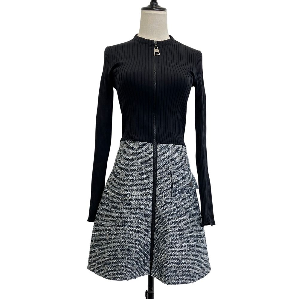【美品】ルイヴィトン LOUIS VUITTON ワンピース ツイード 36 美品 Louis Vuitton ルイヴィトン モノグラムツイード ニット切替