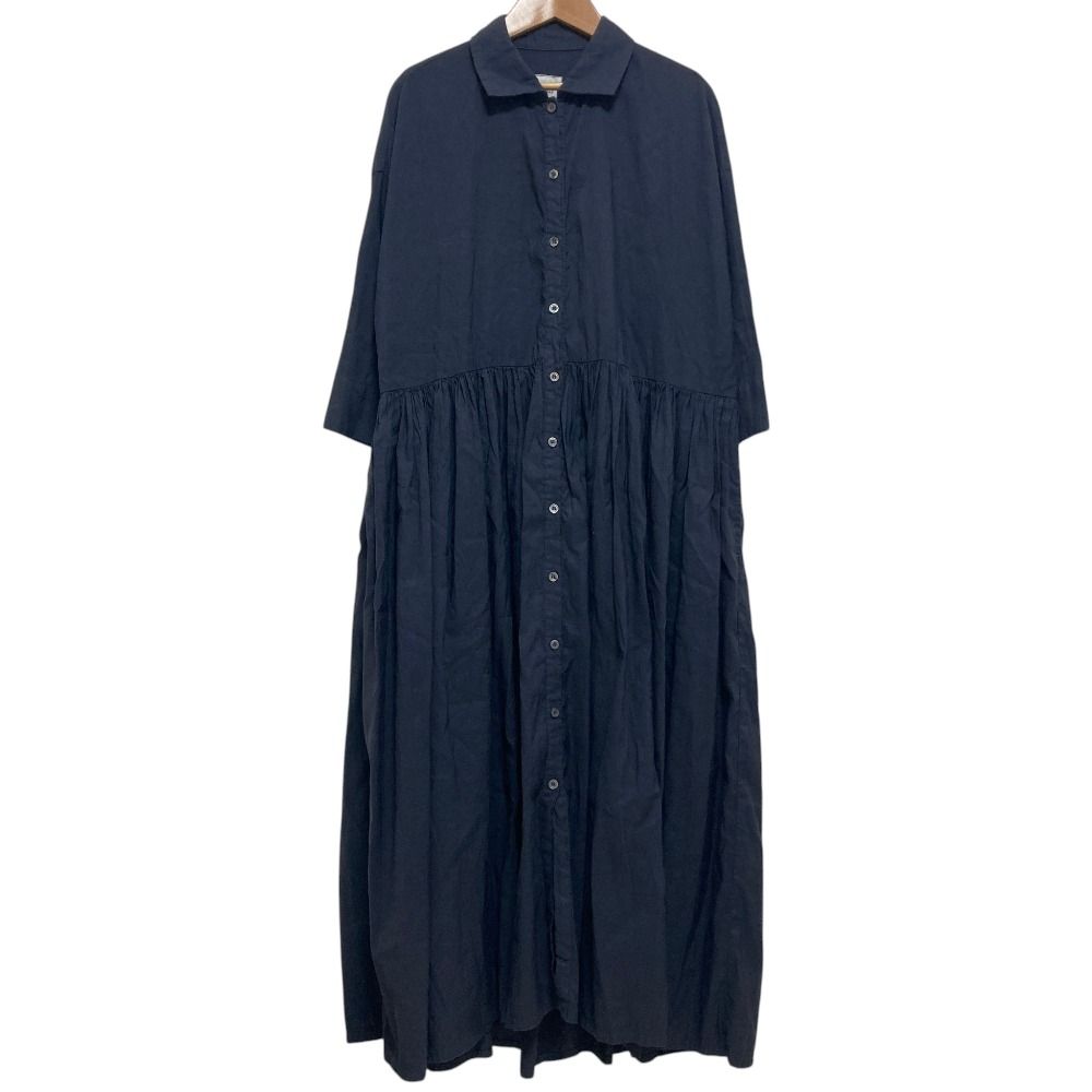 美品 Gauze# ガーゼ リネンコットン シャツドレス ワンピース サイズF ネイビー レディース 古着 中古 USED