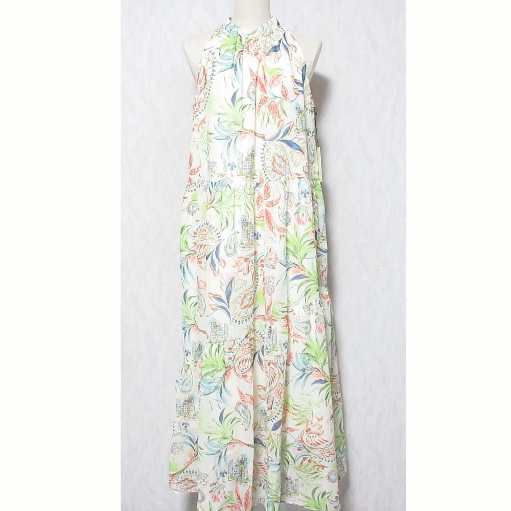 美品 25SS グレースコンチネンタル リゾートプリントティアードワンピース 0125231133 サイズ36 ベージュ グリーン レディース 古着 中古 USED