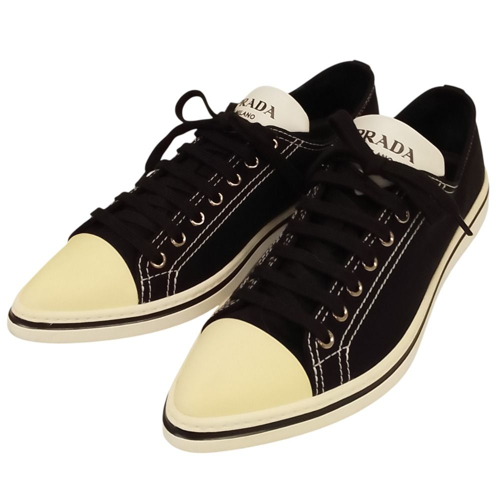 良品 PRADA プラダ ローカット ポインテッドトゥ キャンバススニーカー サイズ6 約25cm ブラック メンズ 古着 中古 USED