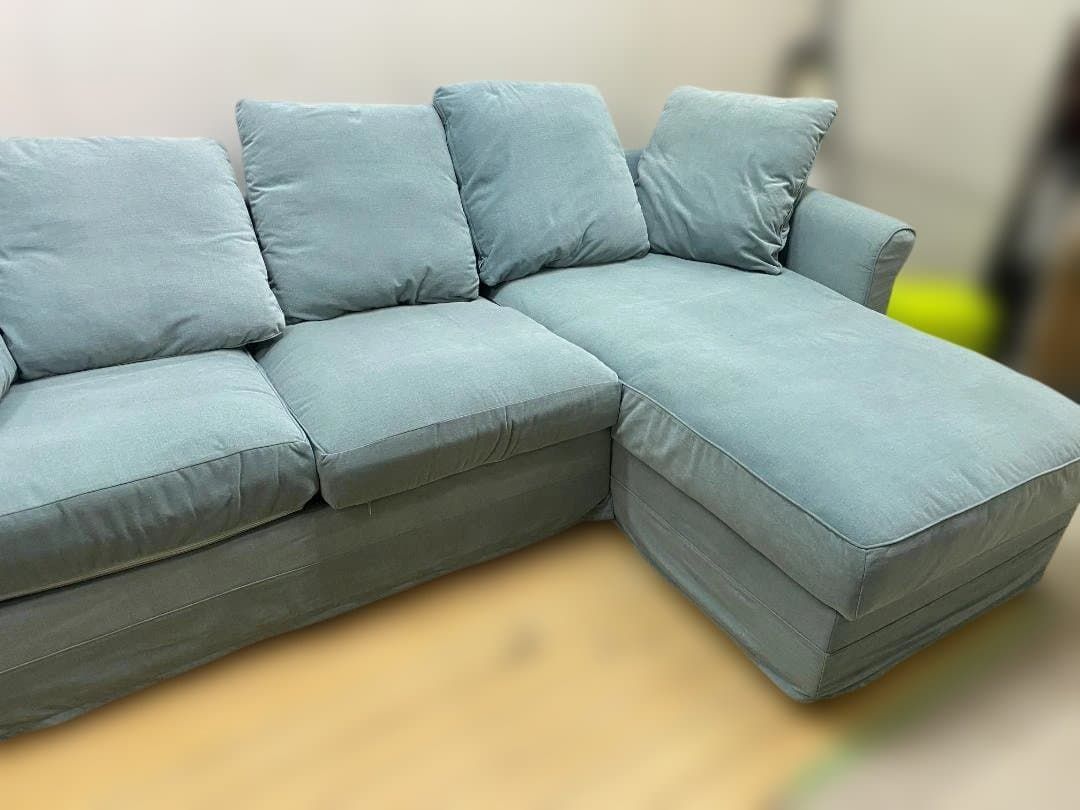 IKEA GRÖNLID グローンリード 収納付きカウチソファ ライトブルー ファブリック 3人掛け 洗えるカバー オットマン カウチ左右組替え可能 北欧デザイン 大容量収納 リビングソファ 人気シリーズ 113120-1-010
