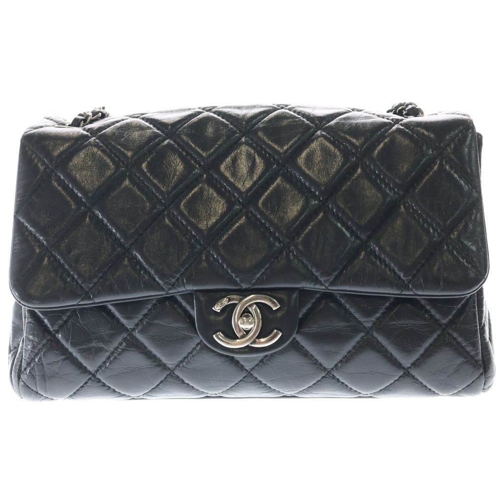 CHANEL (シャネル) マトラッセ30 ココマーク シングルフラップ Wチェーン ショルダーバック シルバー金具 シャイニーカーフスキン ブラック
