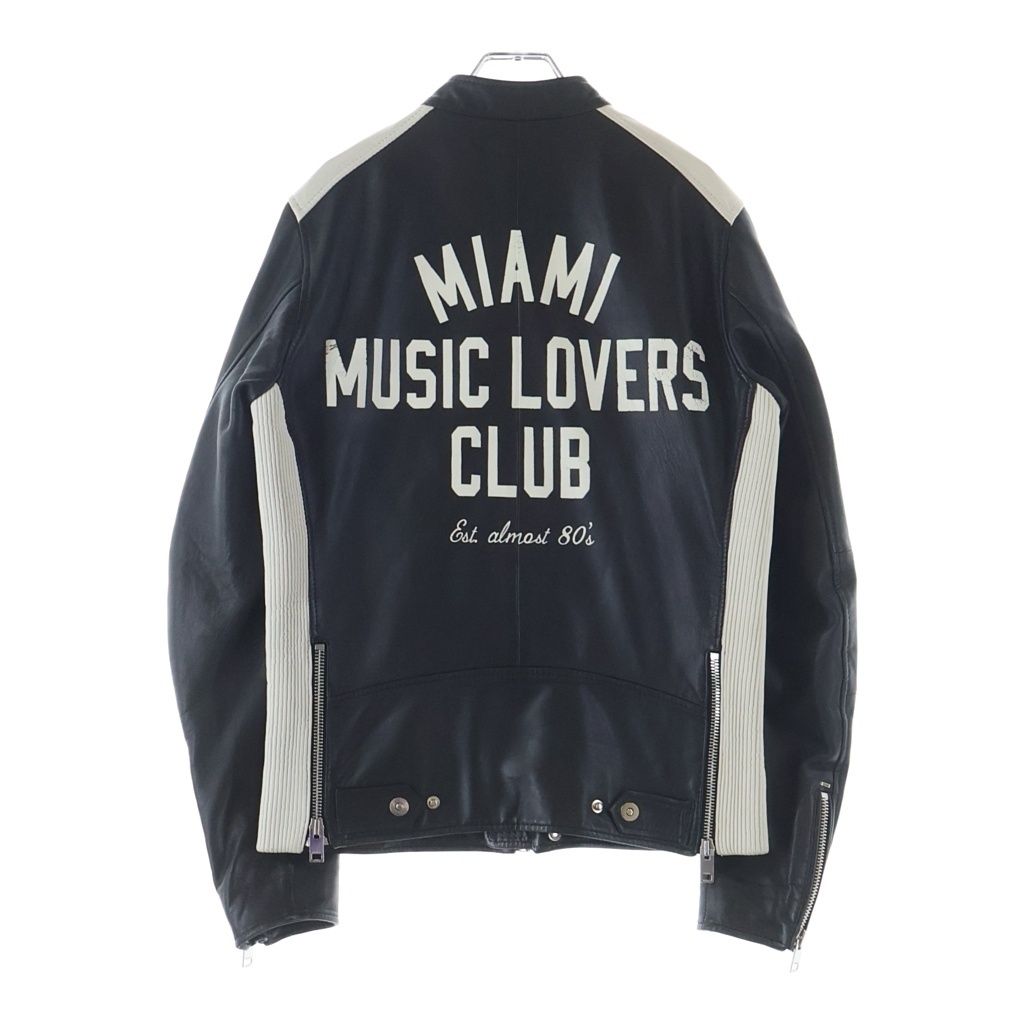 DIESEL (ディーゼル) MIAMI MUSIC LOVERS CLUB バックプリント シープスキン レザー ジップアップ シングルライダースジャケット ブラック