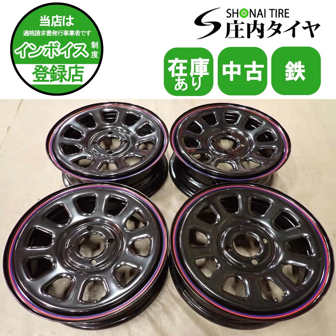4本 会社宛 送料無料 14×5J SHONE デイトナブラック 赤青ライン 鉄スチール 4穴 PCD 100mm +42 ハブ径 67mm 軽自動車 軽カー各種 NO,I6856