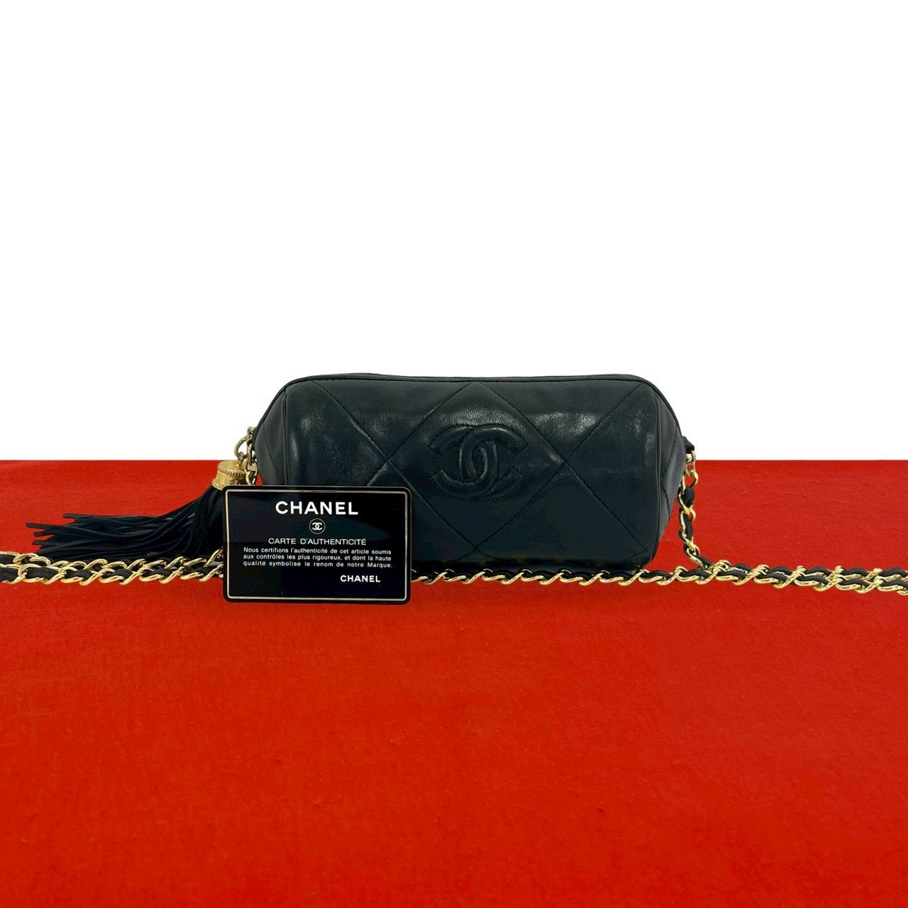 極 美品 カード シール有り 0番台 CHANEL シャネル マトラッセ ココマーク タッセル ラムスキン ショルダーバッグ ブラック 43359