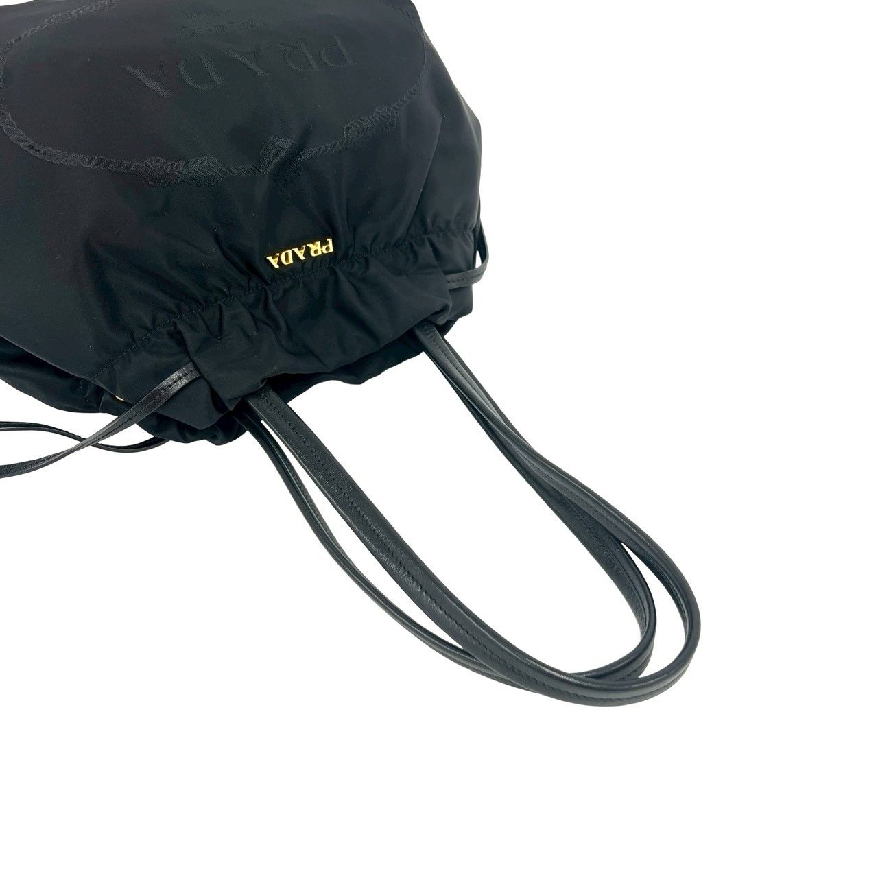 ほぼ未使用 希少品 PRADA プラダ ロゴ 金具 ナイロン レザー 本革 巾着