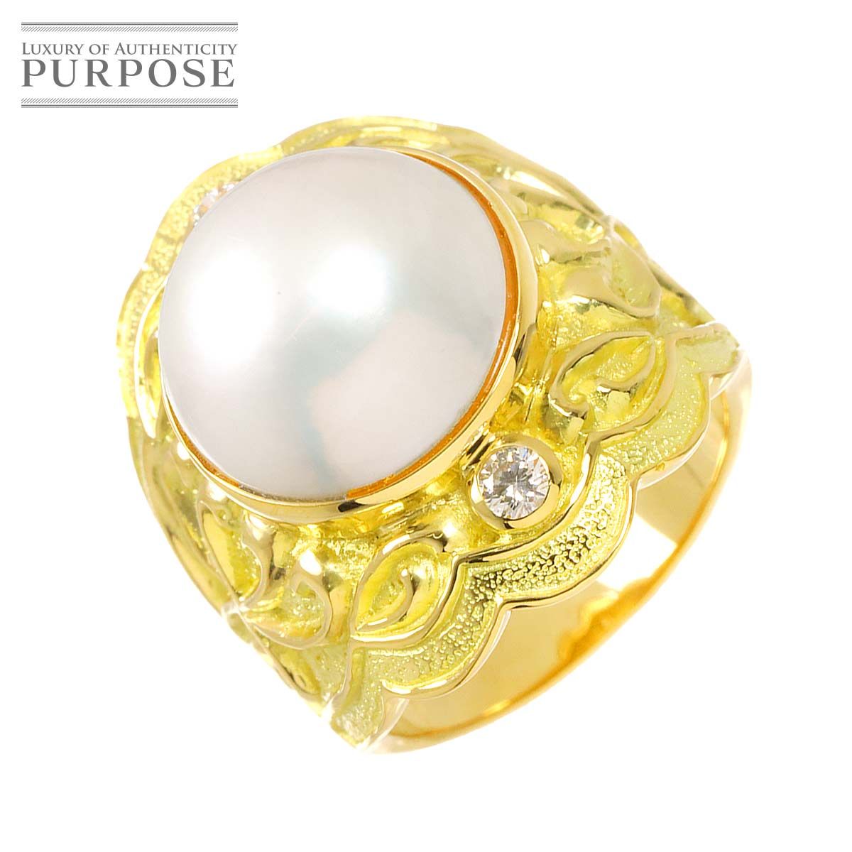 リング 11号 マベ真珠 ダイヤ 0.12ct K18 YG イエローゴールド 750 パール Mabe Pearl Ring 90306946