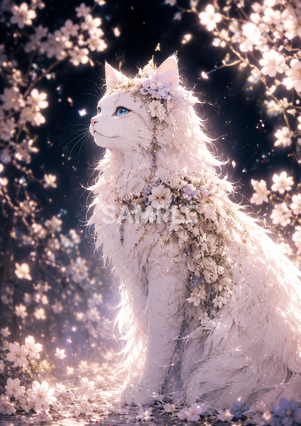 662 幻想的 白猫アート ポスター風 2Lサイズ 高画質 ファンタジー 花と