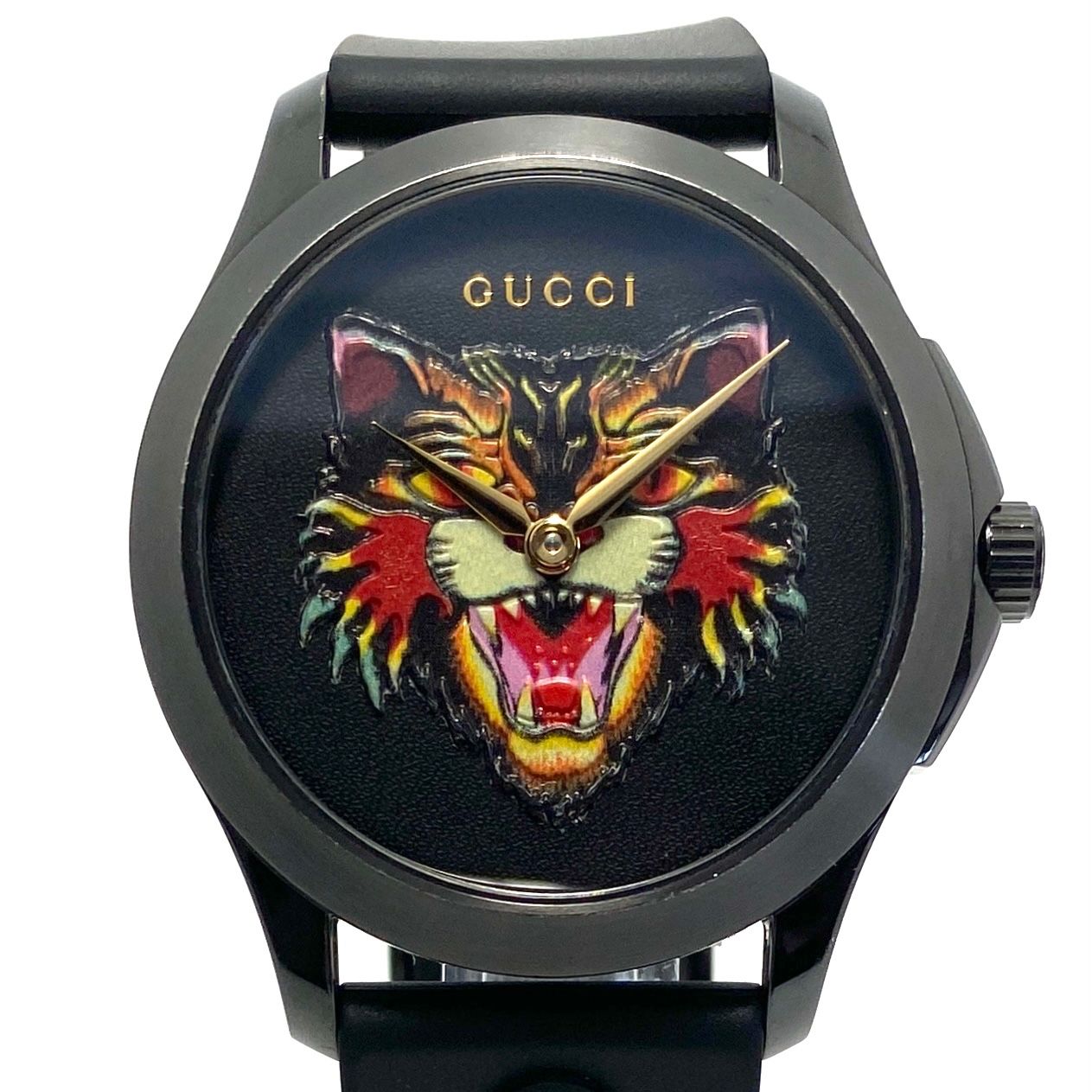 【美品】腕時計 メンズ グッチ GUCCI Gタイムレス アングリーキャット YA1264021 126.4 黒 クォーツ 2針 ラバーベルト