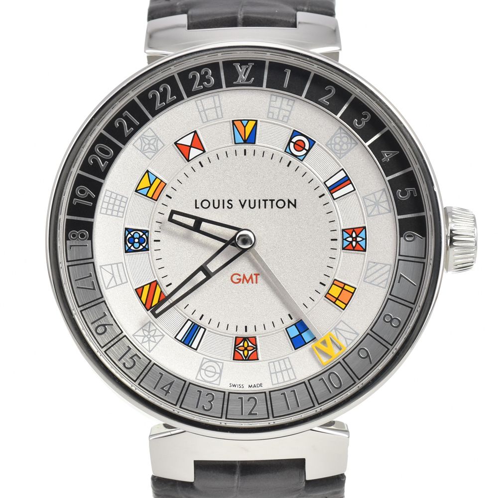 値下 ルイ・ヴィトン LOUIS VUITTON QA096 タンブール ムーン デュアルタイム GMT クォーツ メンズ 美品 箱・保証書付き Q#146515