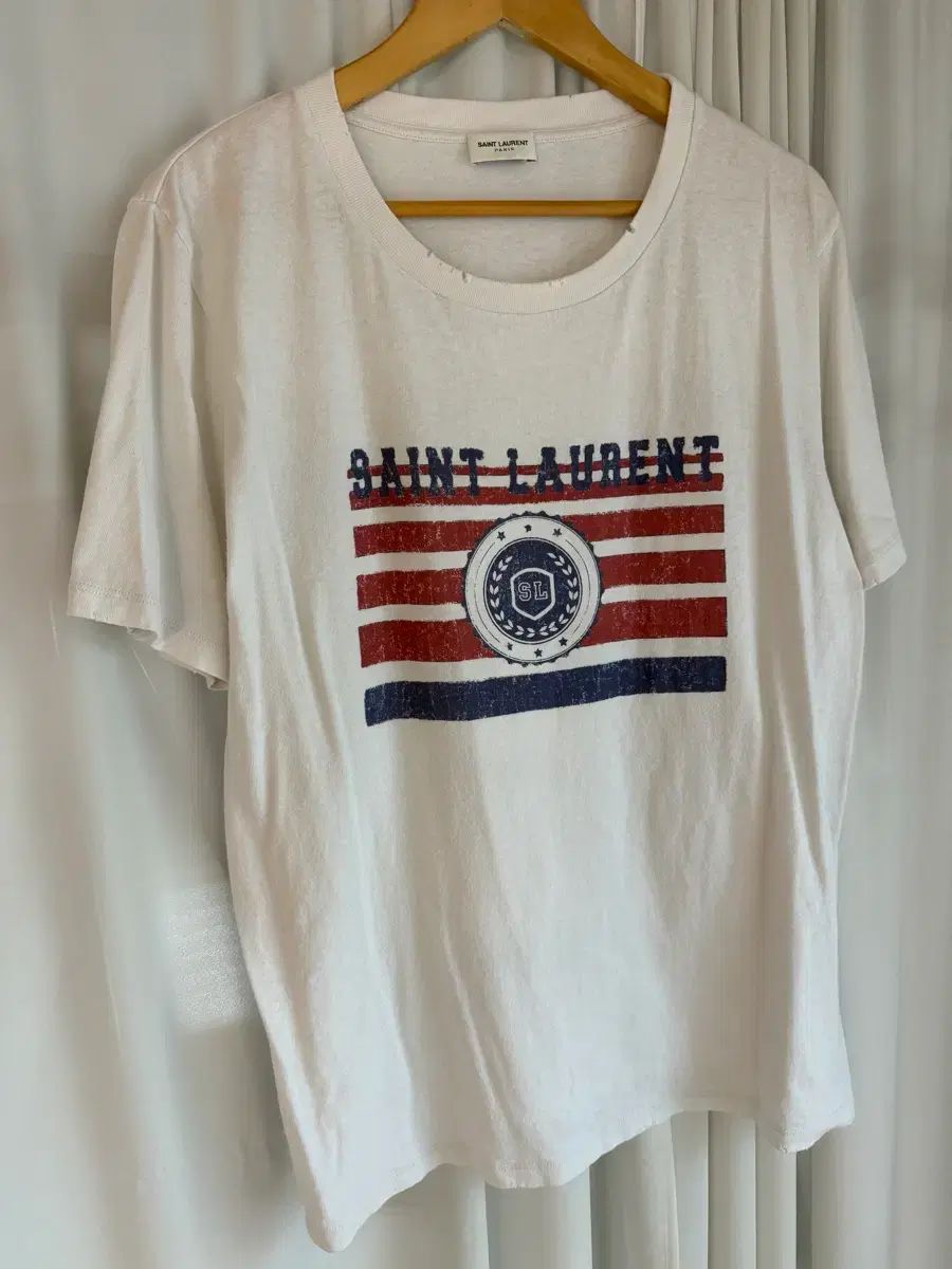 Saint Laurent サンローラン 白 フラグ ダメージ 半袖 Tシャツ