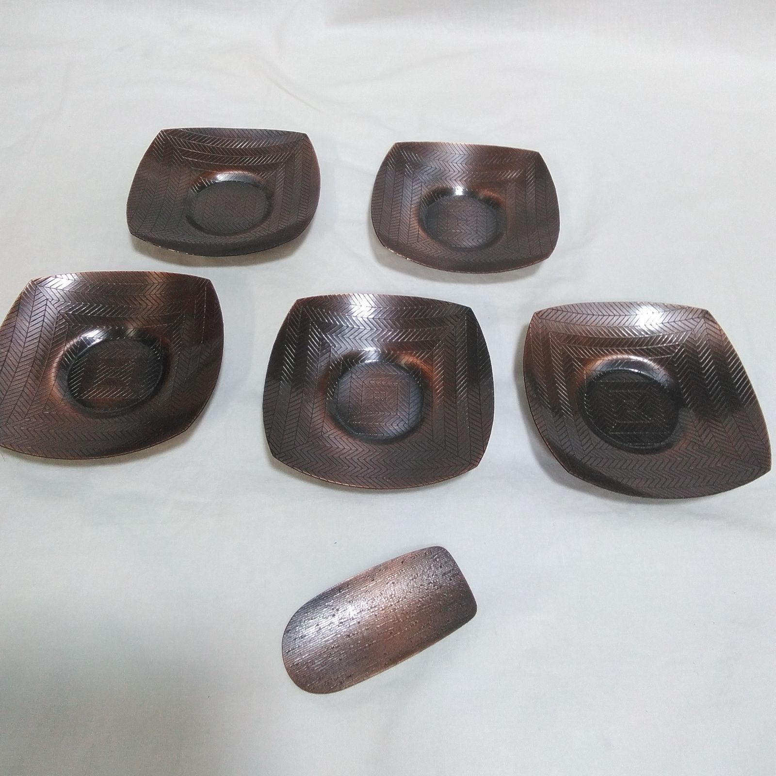 未使用 彩金堂 純銅製 茶托揃 茶托・茶さじ 5点セット 茶器 茶道具 木