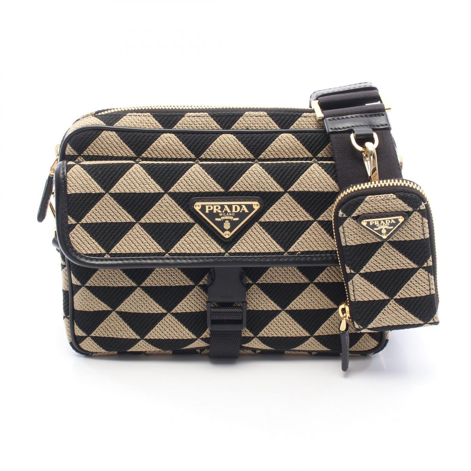 プラダ PRADA ショルダーバッグ シンボル エンブロイダリー 2VH133 ベージュ/ブラック キャンバス レザー シンボル エンブロイダリー ショルダーバッグ メンズ