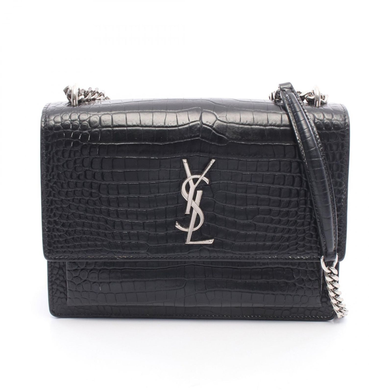 サンローランパリ SAINT LAURENT PARIS ショルダーバッグ サンセット ミディアム クロコ型押し ブラック レザー サンセット ミディアム レディース Used A