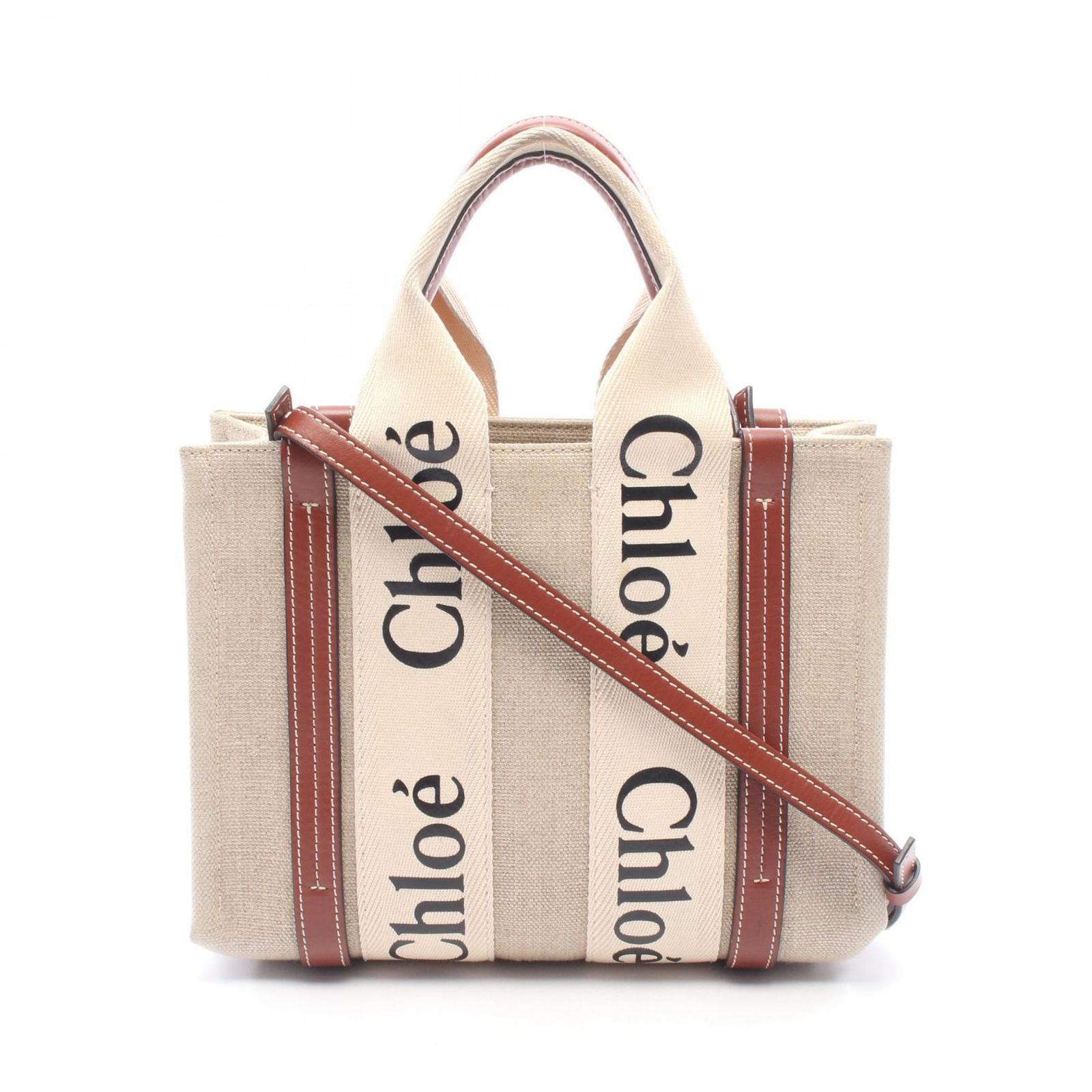クロエ Chloe ハンドバッグ WOODY ウッディ スモール 2WAY ベージュ/ブラウン キャンバス レザー WOODY 2wayトート スモール レディース Used B