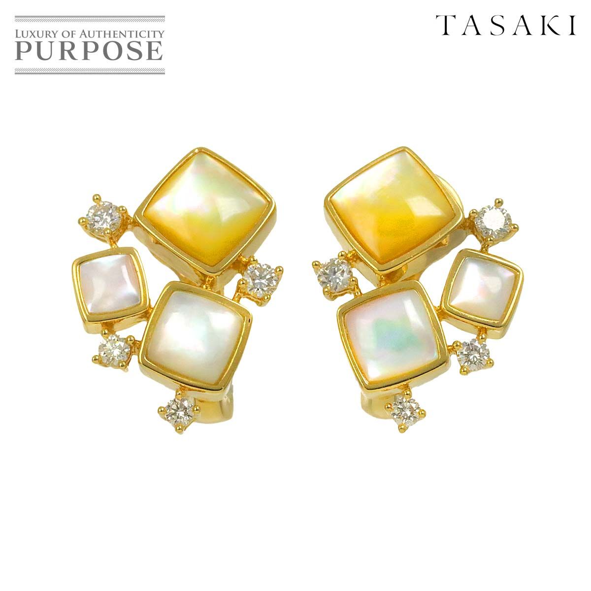 タサキ TASAKI シェル ダイヤ 0.14ctx2 ピアス イヤリング K18 YG イエローゴールド 750 田崎真珠 Earrings Pierced clip on 90328867