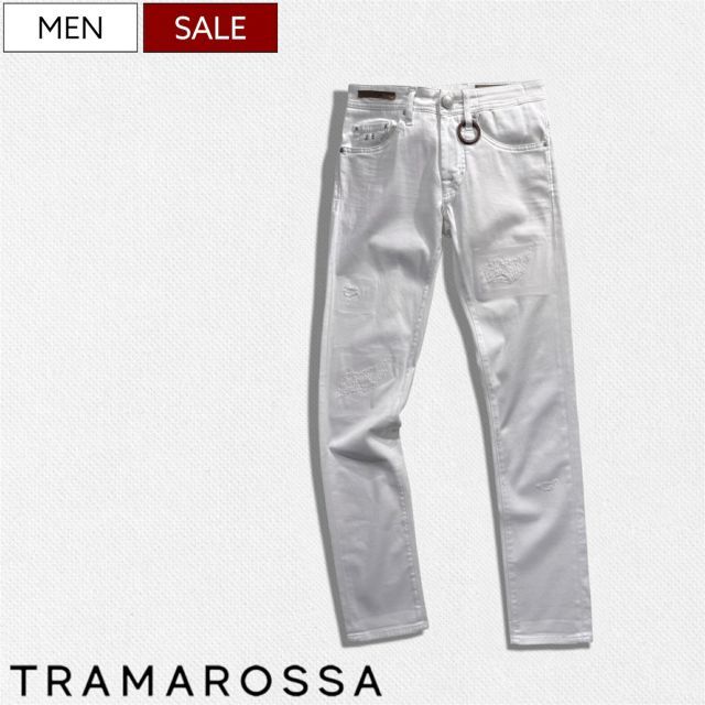 【定価68,200円(税込)】TRAMAROSSA トラマロッサ 驚くほどの履き心地！トラマロッサ史上最高のストレッチ！サルト仕立ての リペア＆クラッシュ スーパーストレッチ ホワイトデニムパンツ ジーンズ チノパン R-ELAX リラックス LEONARDO