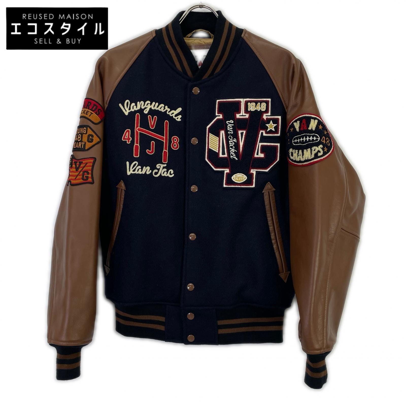 VAN JACKET　ヴァンジャケット　JW-19502 ネイビー×ブラウン ウール×レザー 水牛革切替スタジャン　L