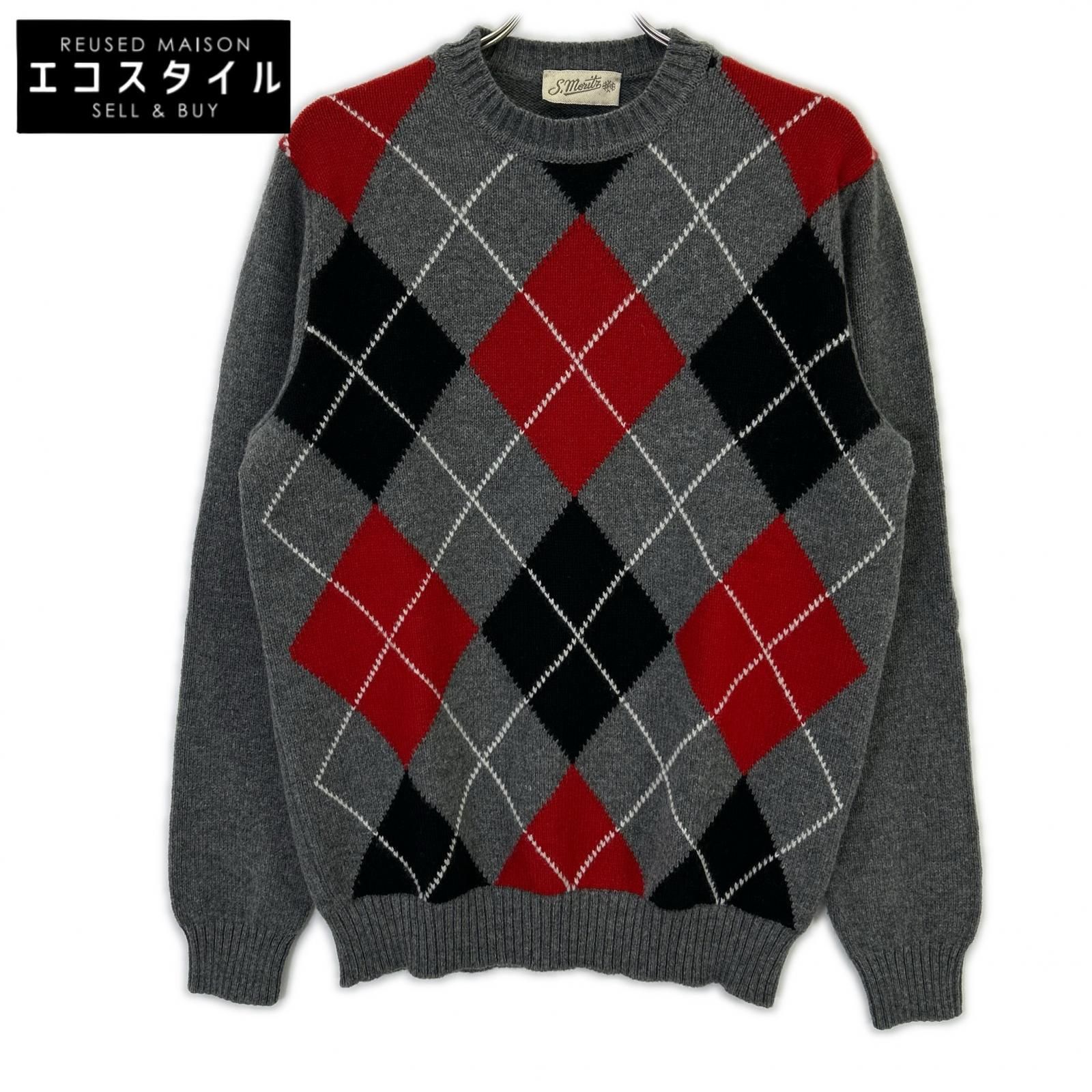 St.Moritz　サンモリッツ　グレー ウール×カシミヤ アーガイル クルーネックニット