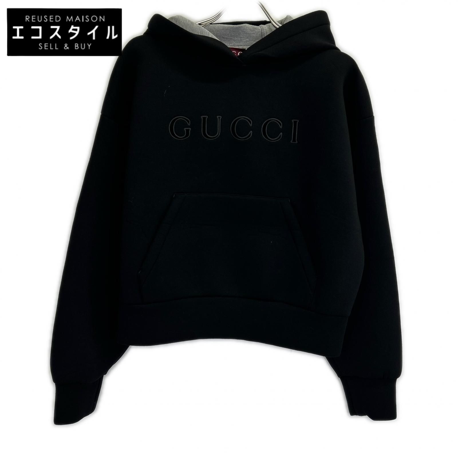 GUCCI　グッチ　新品同様 国内正規 798544 XJHMQ ブラック ビスコース フロントロゴ ジャージースウェットフーディ　S