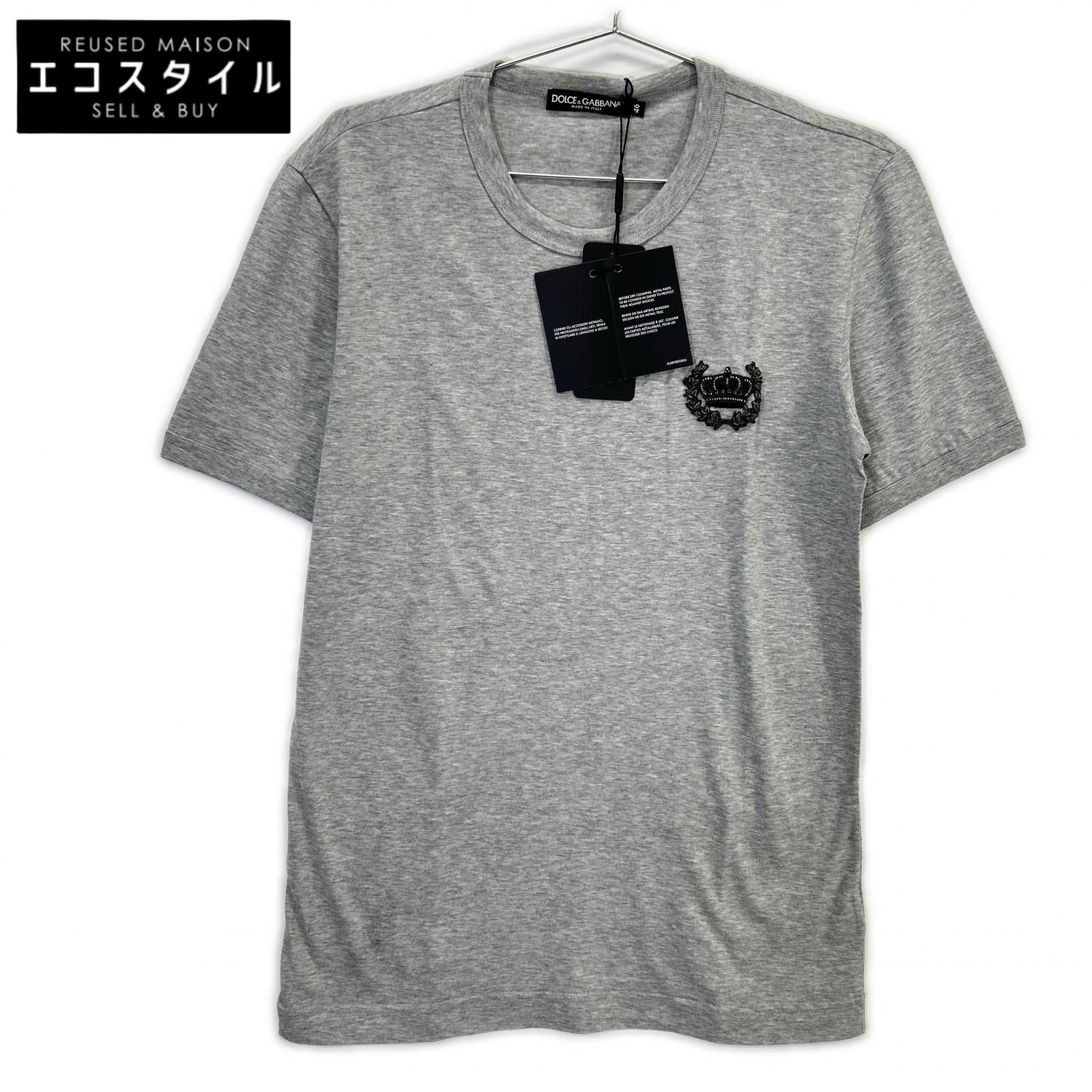 DOLCE&GABBANA　ドルチェアンドガッバーナ　G8GH2Z グレー クラウンビーズ装飾 コットン クルーネックTシャツ　46