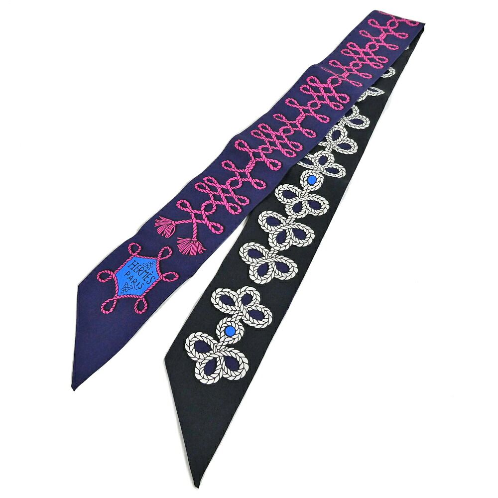 【名古屋】エルメス ツイリー 飾緒とブランデンブルク飾り Galons et Brandebourgs シルク ブラック ネイビー スカーフ